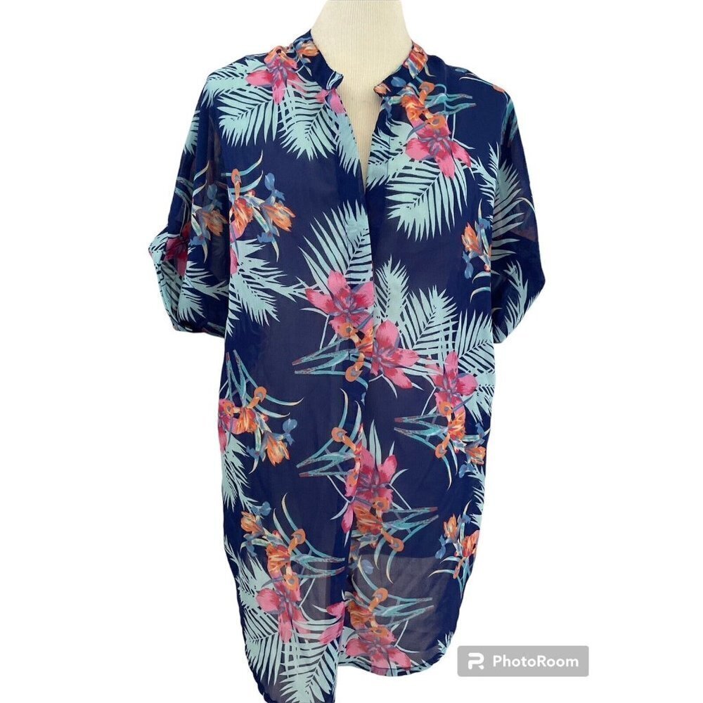 Pia Rossini Women's Floral Tunic Cover Up Size S/M Short Dolman Sleeve Chiffon